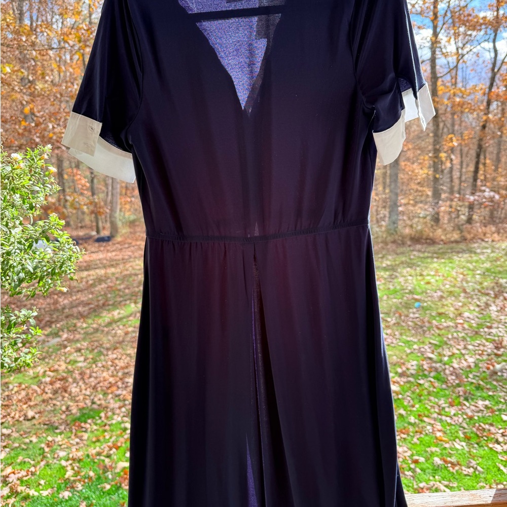 VENUS Navy Blue Maxi Dress with White Trim Shirt Dress Open Front